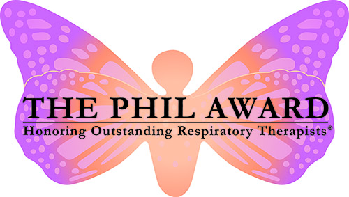 Logo of the PHIL Award. A Butterfly with text saying - The PHIL Award - Honoring Outstanding Respiratory Therapists